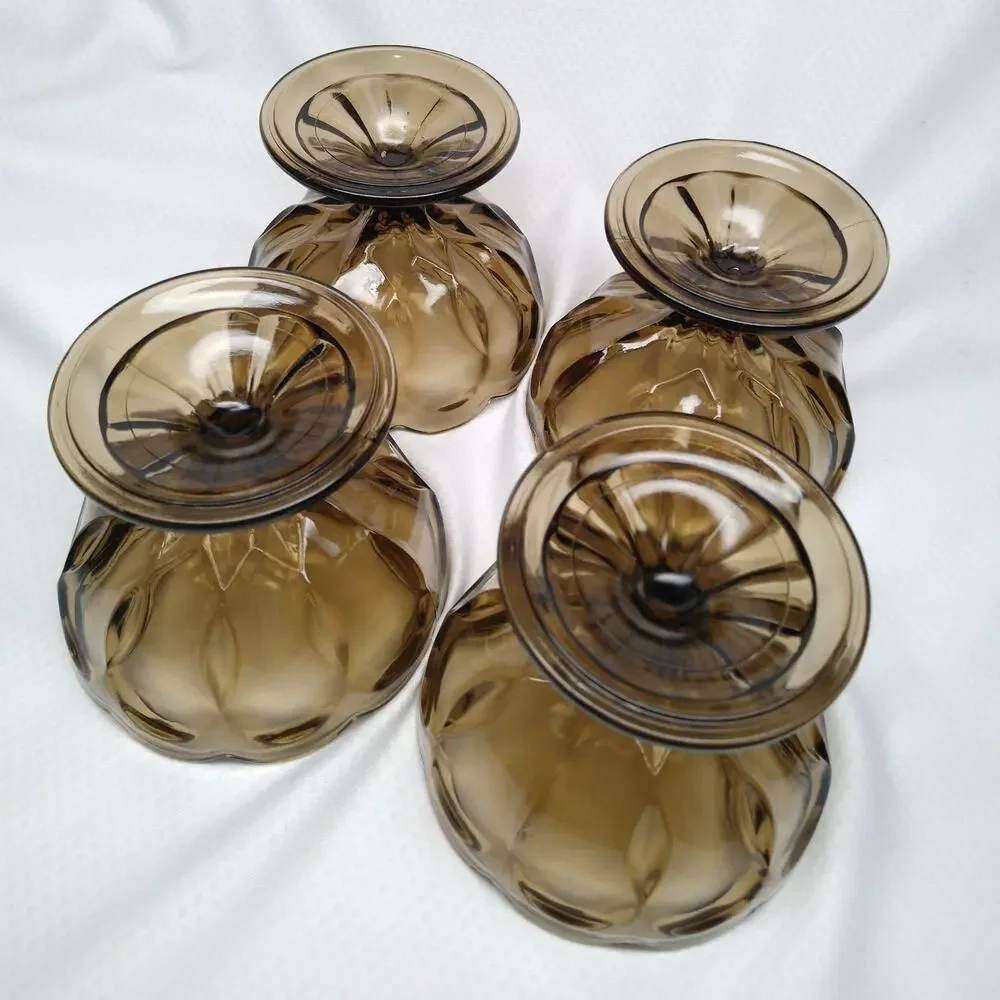 Anchor Hocking Fairfield Smoky Brown Glass Dessert Bowls Pedestal Set of 4 -CHIP